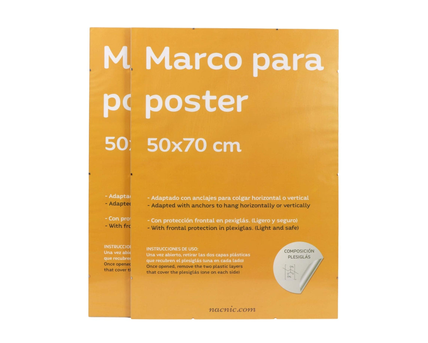 Set 2 Marcos Transparentes de Clip Soportes Transparentes para Fotos, Posters, Diplomas, Dibujos o láminas. Tamaño 50x70cm. Marcos Clip Transparentes con plexiglas y Anclajes para Colgar.-Nacnic-Nacnic Estudio SL