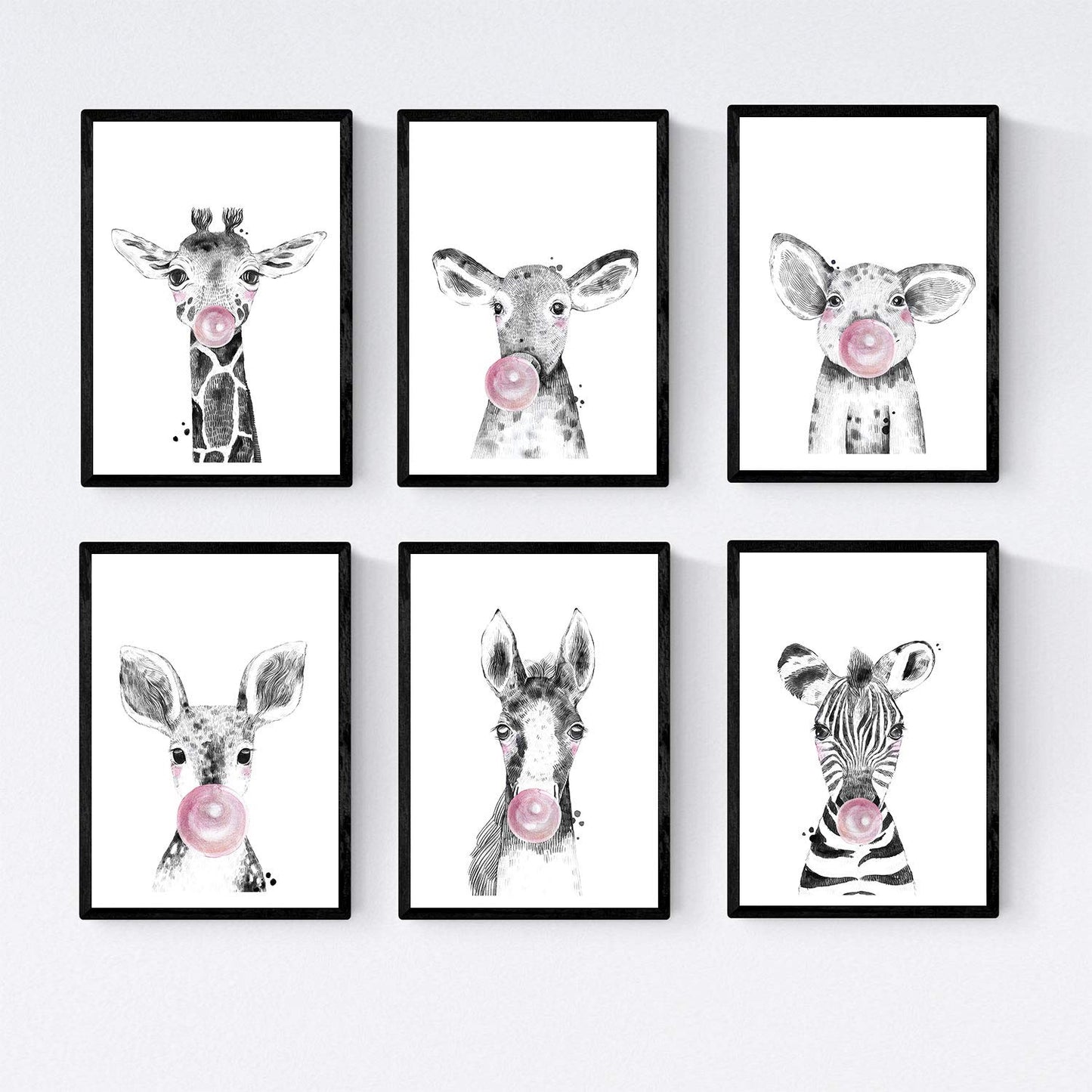 Set 6 posters animales bebes con chicle. Cebra Cerdo Girafa Ciervo Vaca Caballo.-Artwork-Nacnic-Nacnic Estudio SL
