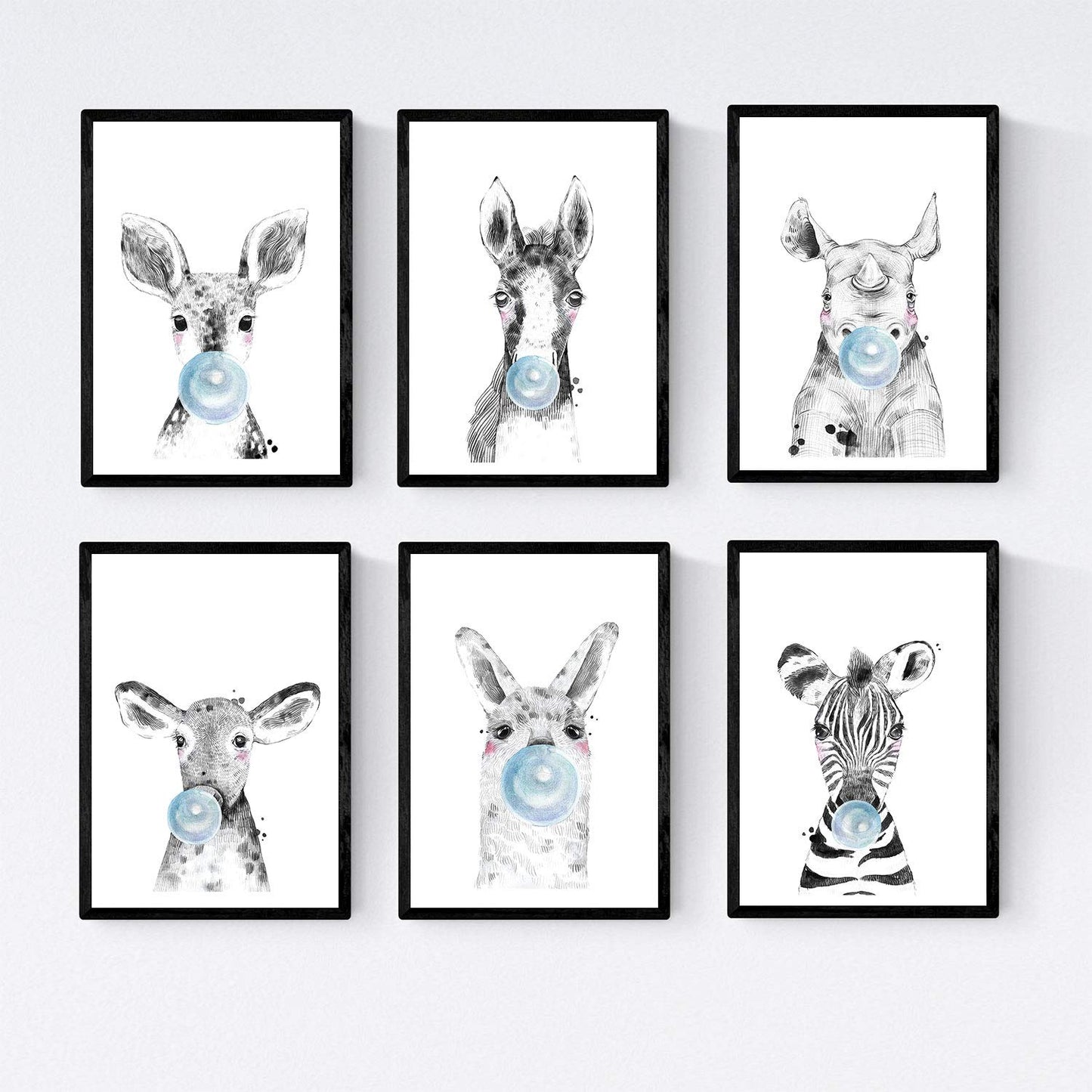 Set 6 posters animales bebes con chicle. Cebra Rino Ciervo Vaca Caballo y Llama.-Artwork-Nacnic-Nacnic Estudio SL