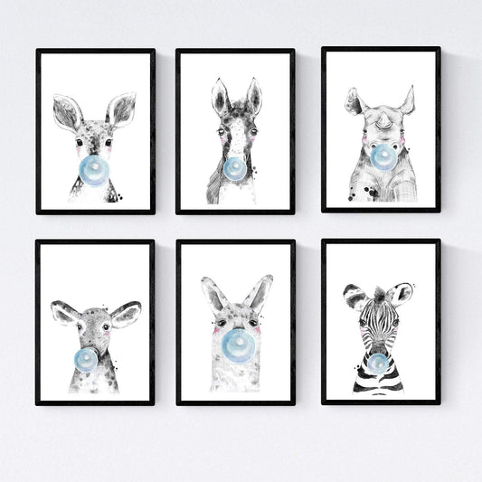 Set 6 posters animales bebes con chicle. Cebra Rino Ciervo Vaca Caballo y Llama.-Artwork-Nacnic-Nacnic Estudio SL