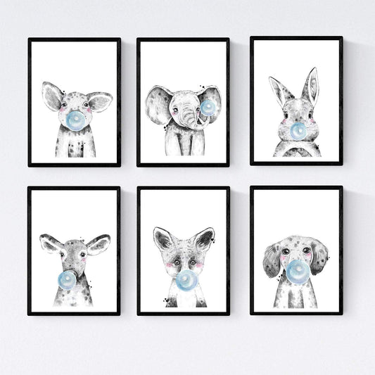 Set 6 posters animales bebes con chicle. Cerdo Elefante Conejo Vaca Zorro Perro.-Artwork-Nacnic-Nacnic Estudio SL