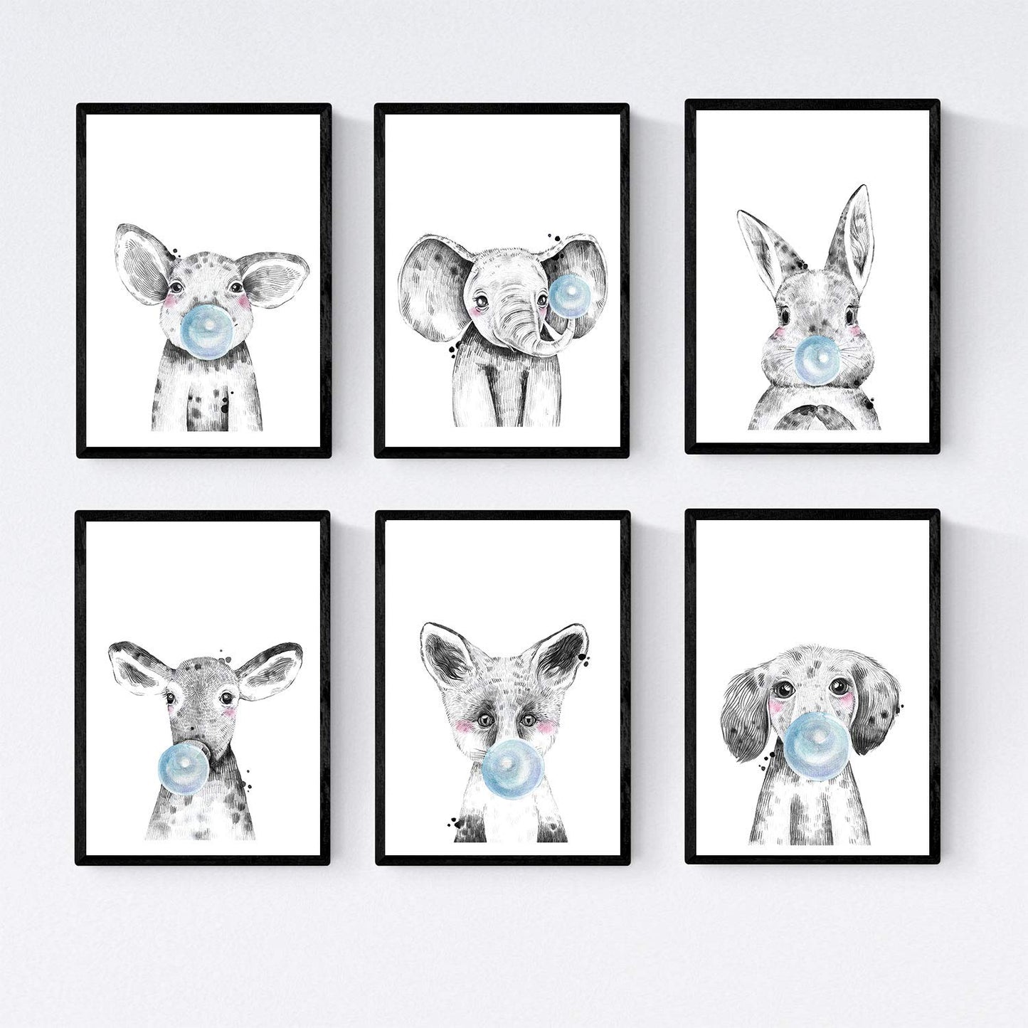 Set 6 posters animales bebes con chicle. Cerdo Elefante Conejo Vaca Zorro Perro.-Artwork-Nacnic-Nacnic Estudio SL