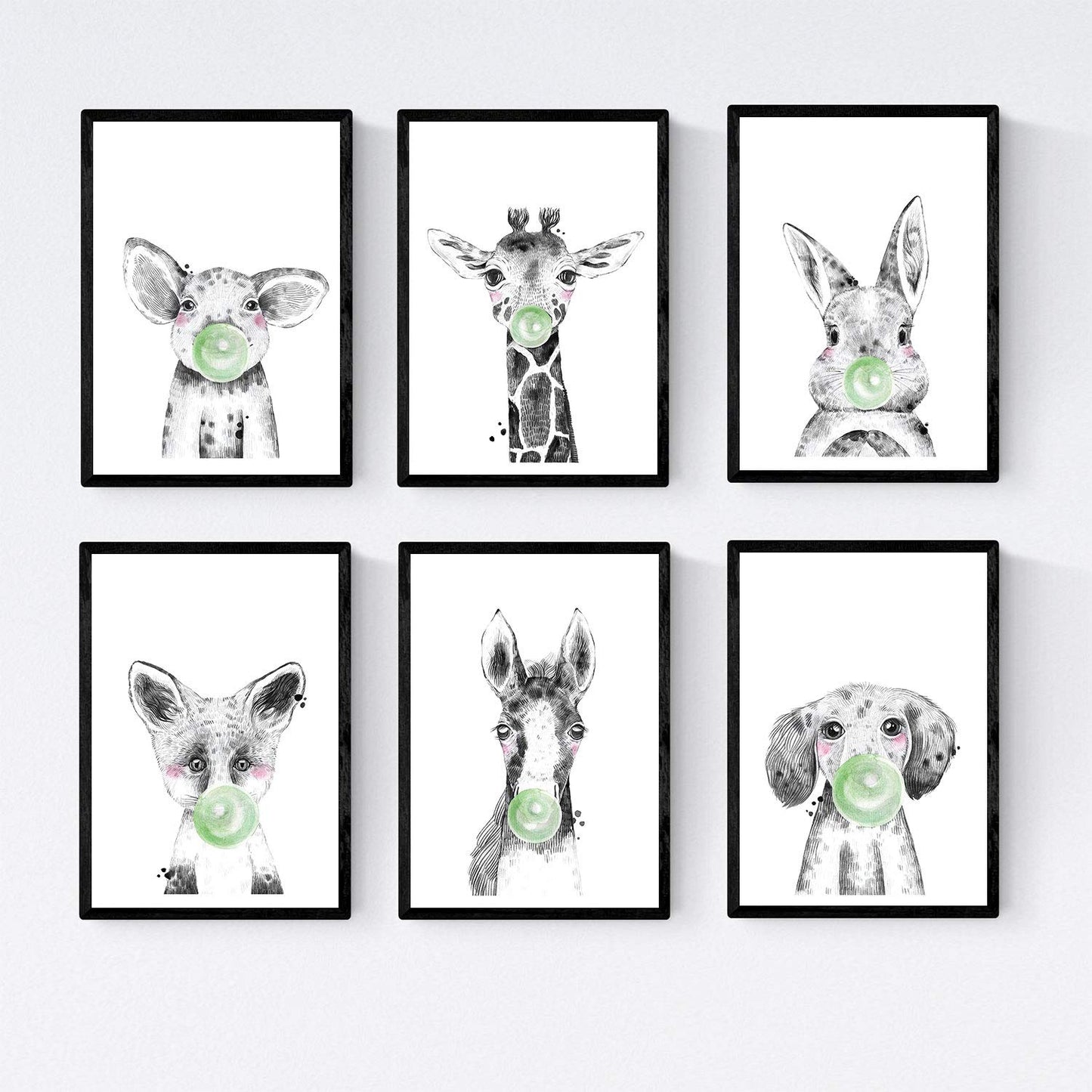 Set 6 posters animales bebes con chicle. Cerdo Girafa Conejo Zorro Caballo Perro.-Artwork-Nacnic-Nacnic Estudio SL