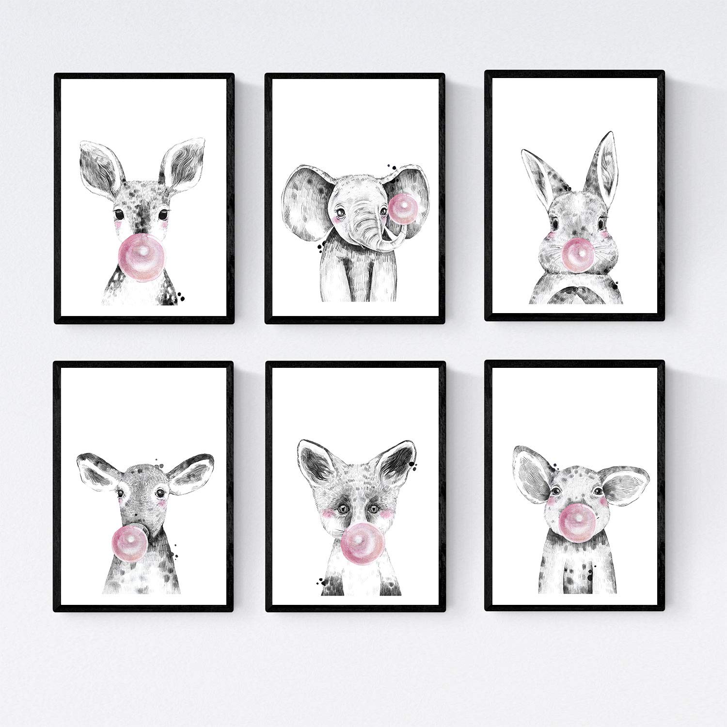 Set 6 posters animales bebes con chicle. Ciervo Cerdo Elefante Conejo Vaca Zorro.-Artwork-Nacnic-Nacnic Estudio SL