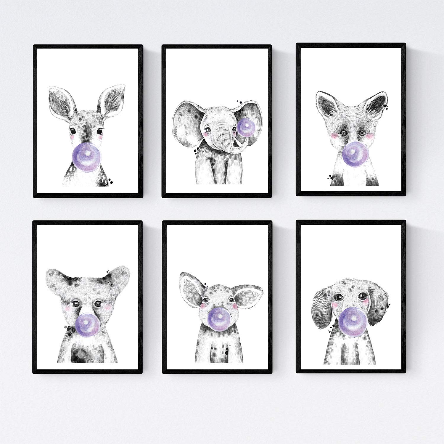 Set 6 posters animales bebes con chicle. Ciervo Cerdo Elefante Zorro Oso Perro.-Artwork-Nacnic-Nacnic Estudio SL
