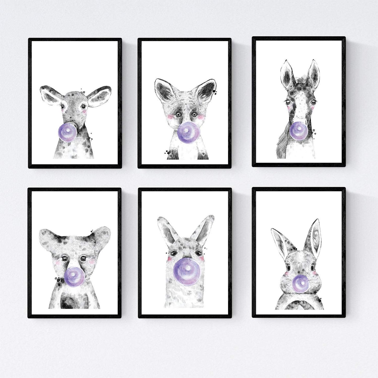 Set 6 posters animales bebes con chicle. Conejo Vaca Zorro Caballo Oso Llama.-Artwork-Nacnic-Nacnic Estudio SL
