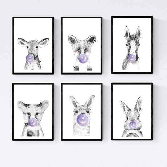Set 6 posters animales bebes con chicle. Conejo Vaca Zorro Caballo Oso Llama.-Artwork-Nacnic-Nacnic Estudio SL
