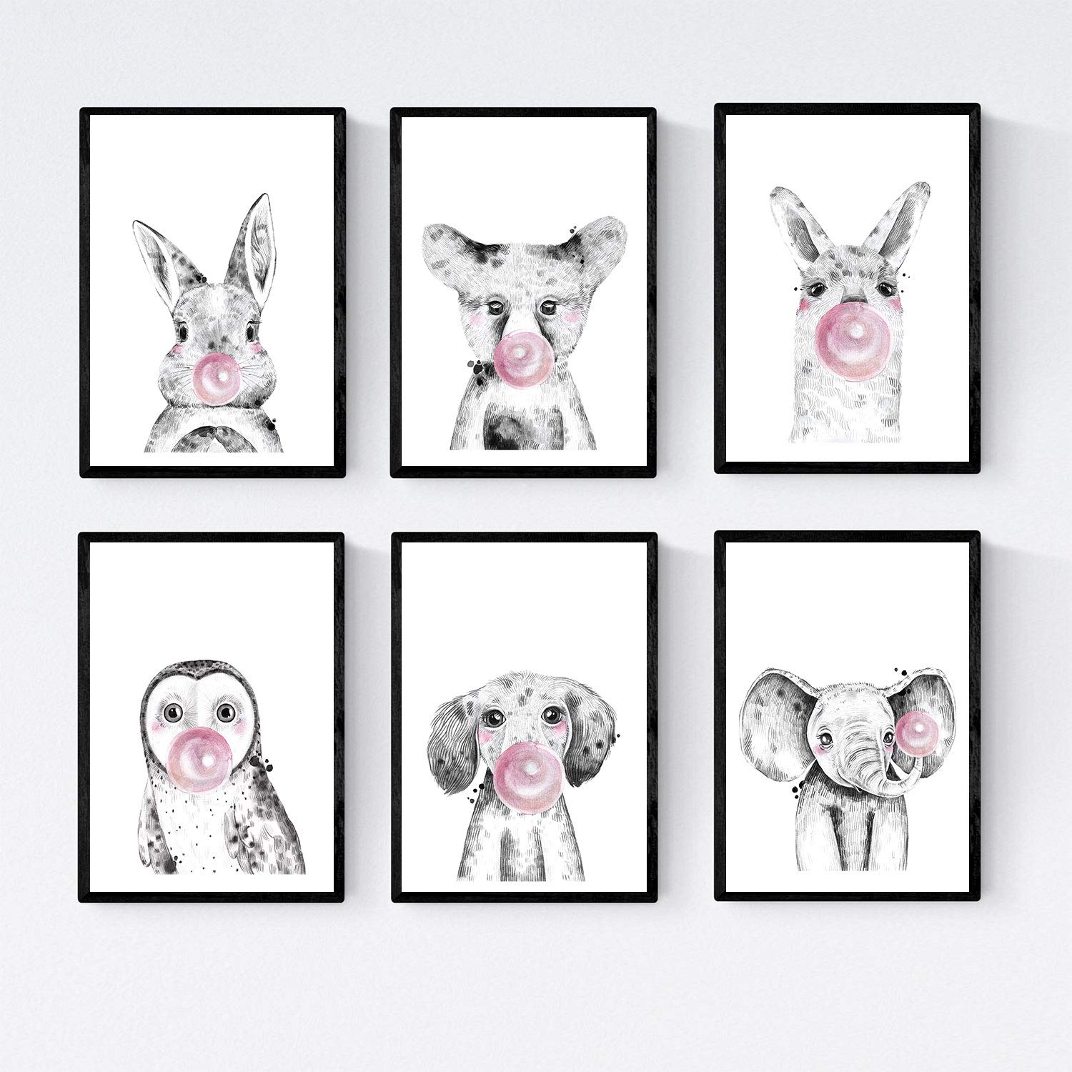 Set 6 posters animales bebes con chicle. Conejo Zorro Llama Buho Perro Elefante.-Artwork-Nacnic-Nacnic Estudio SL