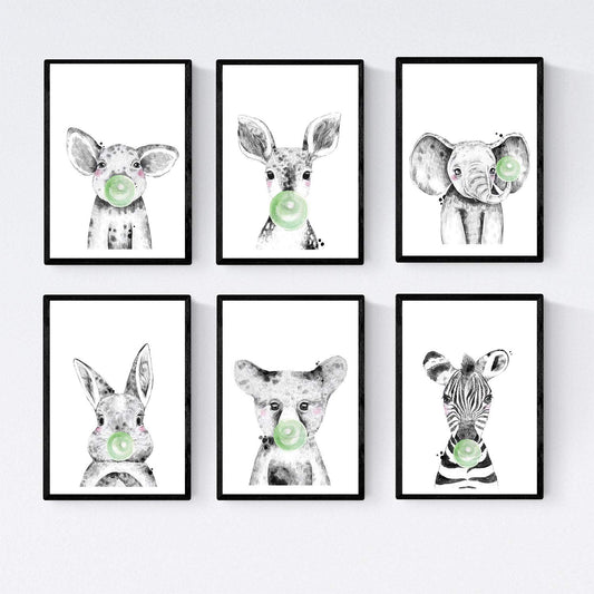 Set 6 posters animales bebes con chicle. Elefante Cerdo Conejo Vaca Zorro Cebra.-Artwork-Nacnic-Nacnic Estudio SL