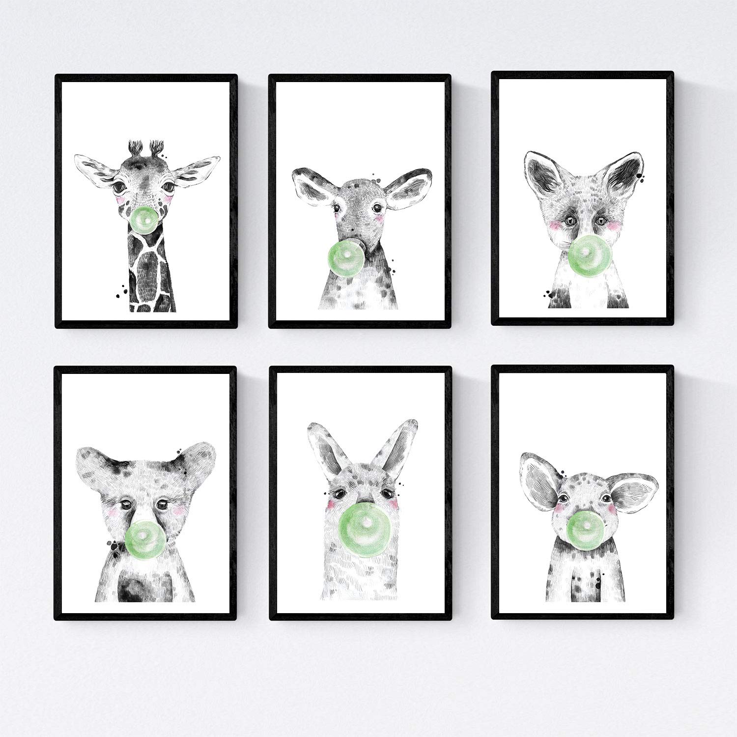 Set 6 posters animales bebes con chicle. Girafa Cerdo Vaca Zorro Oso Llama.-Artwork-Nacnic-Nacnic Estudio SL