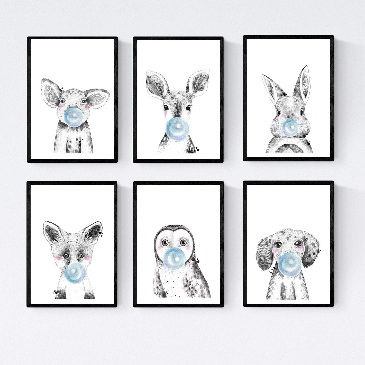 Set 6 posters animales bebes con chicle. Girafa Vaca Zorro Oso Llama Cerdo.-Artwork-Nacnic-Nacnic Estudio SL