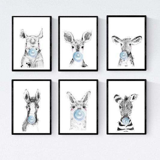Set 6 posters animales bebes con chicle. Zebra Rino Ciervo Vaca Caballo Llama.-Artwork-Nacnic-Nacnic Estudio SL