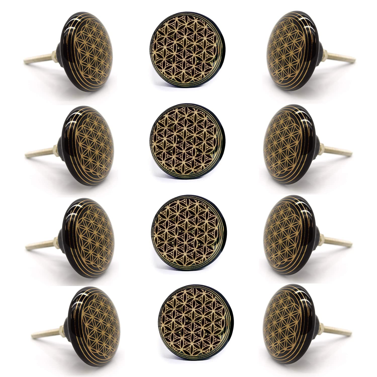 Set de 12 pomos tiradores de cerámica | Diseño geométrico en dorado y negro | Decoración elegante de muebles y armarios.-Nacnic-Nacnic Estudio SL
