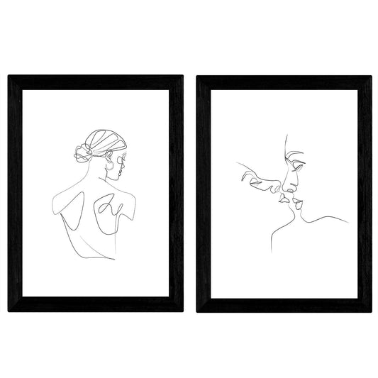 Set de 2 láminas de dibujos con un solo trazo "Beso mujer hombre y espalda femenina". Posters con una sola linea.-Artwork-Nacnic-Nacnic Estudio SL