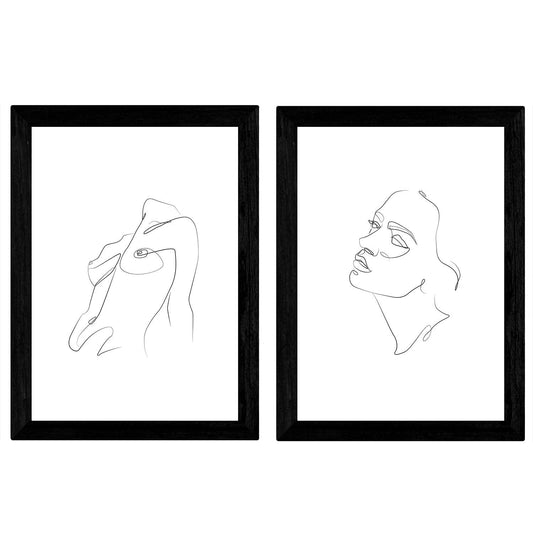 Set de 2 láminas de Dibujos con un Solo Trazo Rostro Mujer, Lateral y Frontal y Desnudo de Torso. Posters con una Sola Linea.-Artwork-Nacnic-Nacnic Estudio SL