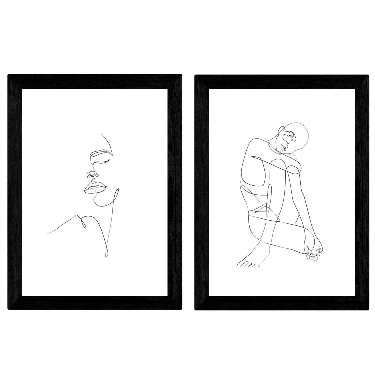 Set de 2 láminas de Dibujos con un Solo Trazo Rostro Mujer, Lateral y Frontal y Desnudo Femenino. Posters con una Sola Linea.-Artwork-Nacnic-Nacnic Estudio SL