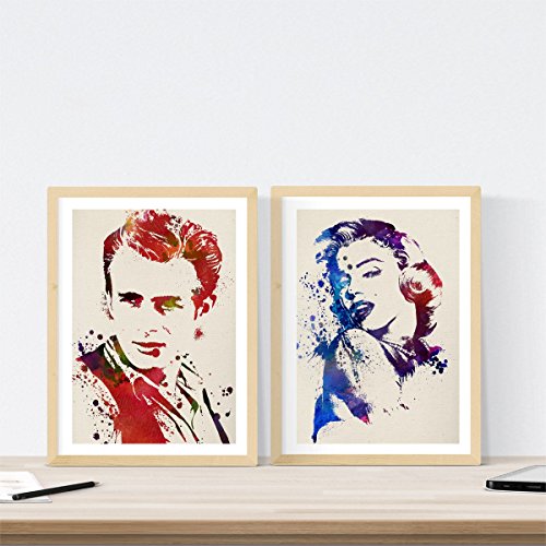 Set de 2 láminas para enmarcar James Dean y Marilyn Monroe Estilo Acuarela. Posters con imágenes de clásicos del Cine-Artwork-Nacnic-Nacnic Estudio SL
