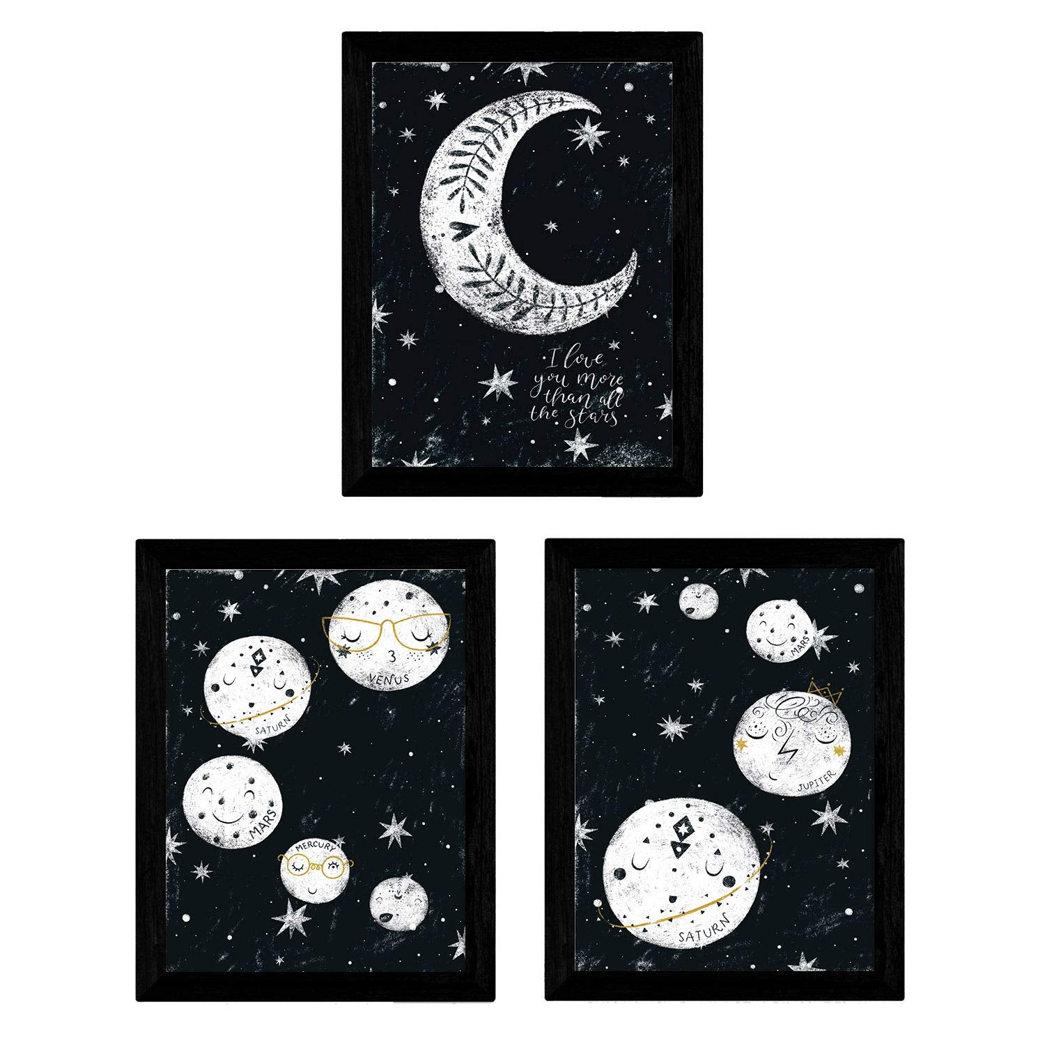 Set de 3 láminas de Nueve planetas y luna-Artwork-Nacnic-Nacnic Estudio SL