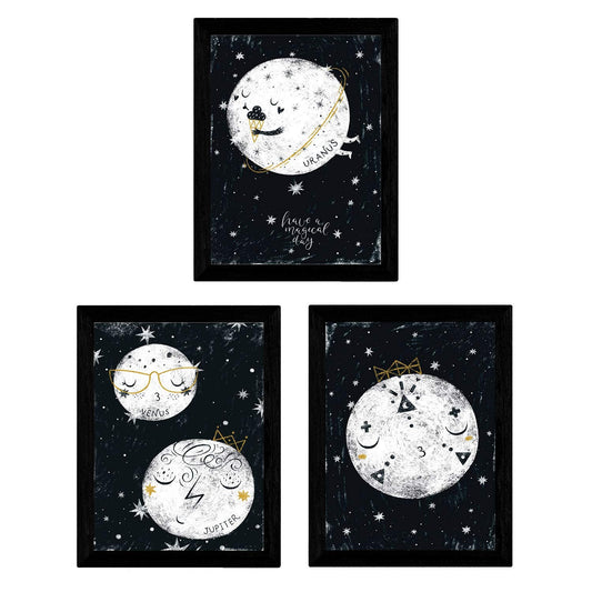 Set de 3 láminas de Tres planetas y luna-Artwork-Nacnic-Nacnic Estudio SL