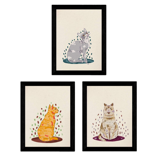 Set de 3 láminas gatos beige, marron y gris en , colorido divertido Poster papel 250 gr.-Artwork-Nacnic-Nacnic Estudio SL