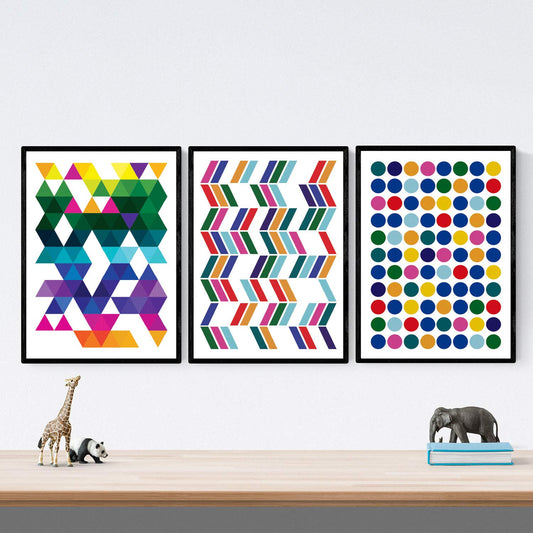 Set de 3 láminas para enmarcar Colores GEOMETRICOS Posters con Colores Vibrantes. Tamaño 30x40 cm. Láminas con imágenes geométricas con Colores alegres-Artwork-Nacnic-Nacnic Estudio SL