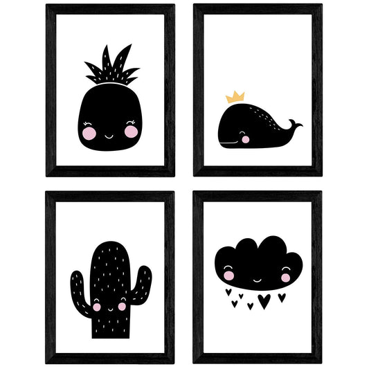 Set de 4 láminas "Cactus, ballena, piña y nube con corazones". Posters de animales.-Artwork-Nacnic-Nacnic Estudio SL