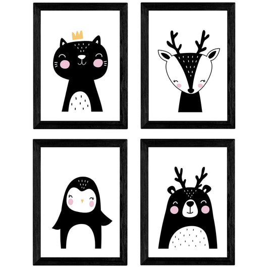 Set de 4 láminas "Ciervo, oso polar, pinguino y gato". Posters de animales.-Artwork-Nacnic-Nacnic Estudio SL