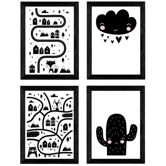Set de 4 láminas "Ciudad,pueblo, desierto cactus y nube corazones". Posters de animales.-Artwork-Nacnic-Nacnic Estudio SL