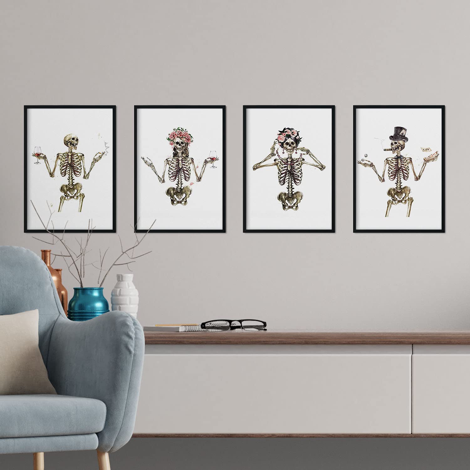 Set de 4 láminas Cuatro Esqueletos con Disfraces. Posters con imágenes de Calaveras.-Artwork-Nacnic-Nacnic Estudio SL