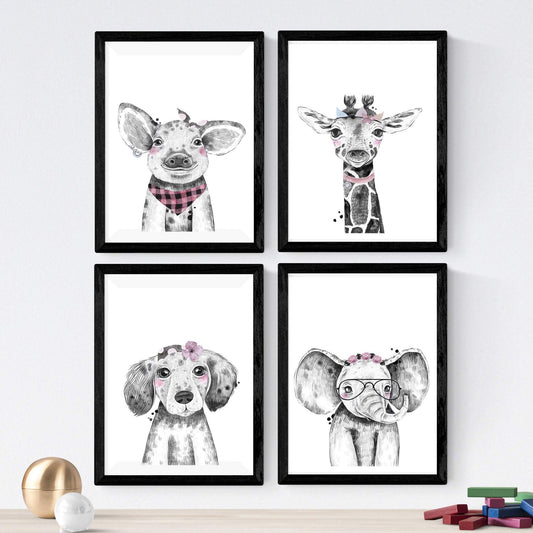 Set de 4 láminas de Animales Infantiles Accesorios Rosas, en , Poster papel 250 gr.-Artwork-Nacnic-Nacnic Estudio SL