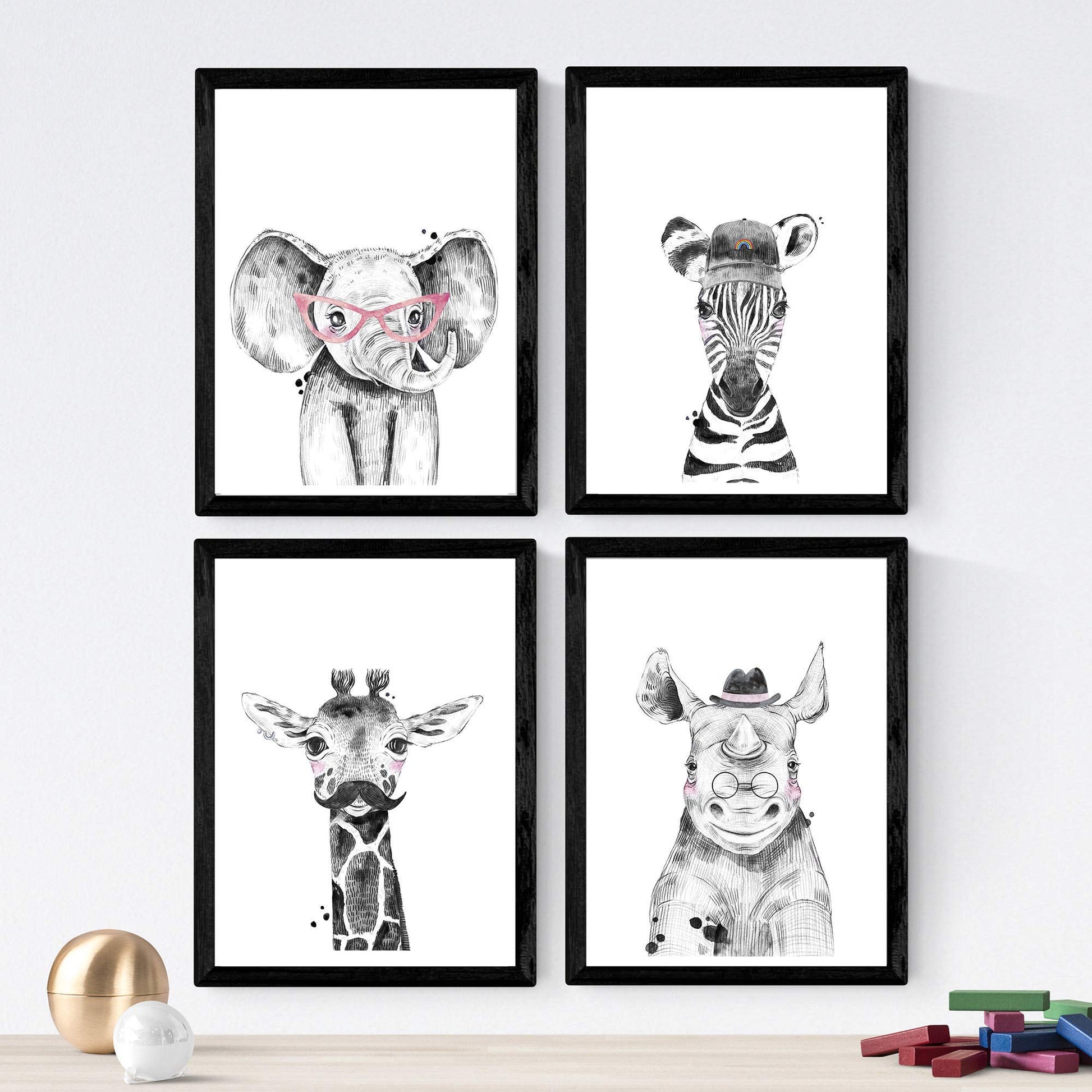 Set de 4 láminas de Animales Infantiles Adultos, en , Poster papel 250 gr.-Artwork-Nacnic-Nacnic Estudio SL