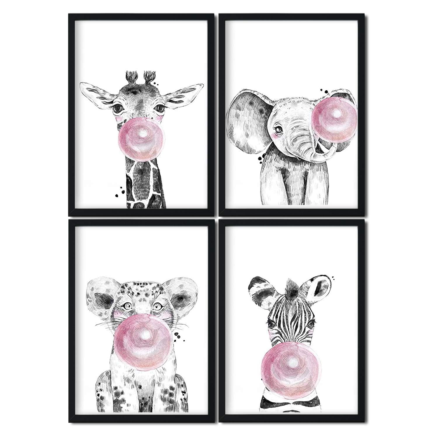 Set de 4 láminas de Animales Infantiles Con Chicle Rosa, en , Poster papel 250 gr.-Artwork-Nacnic-Nacnic Estudio SL