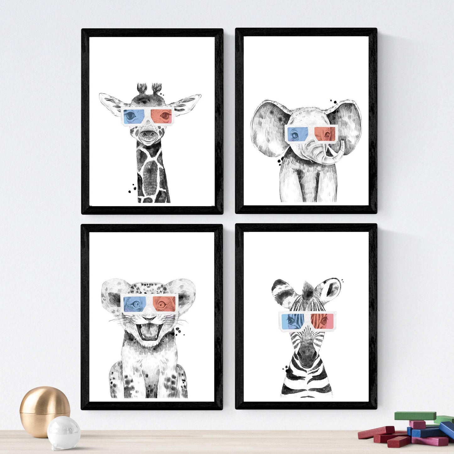 Set de 4 láminas de Animales Infantiles Con Gafas 3D, en , Poster papel 250 gr.-Artwork-Nacnic-Nacnic Estudio SL