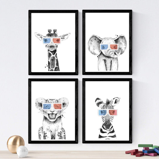 Set de 4 láminas de Animales Infantiles Con Gafas 3D, en , Poster papel 250 gr.-Artwork-Nacnic-Nacnic Estudio SL