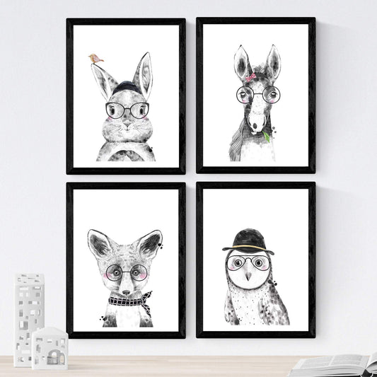 Set de 4 láminas de Animales Infantiles Con Gafas, en .-Artwork-Nacnic-Nacnic Estudio SL