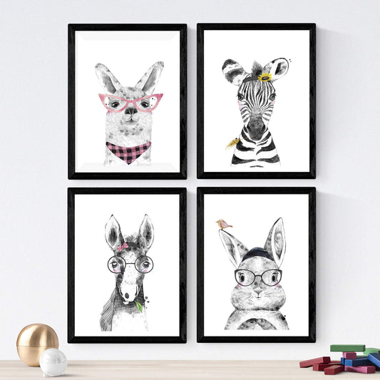 Set de 4 láminas de Animales Infantiles Con Gafas, en , Poster papel 250 gr.-Artwork-Nacnic-Nacnic Estudio SL