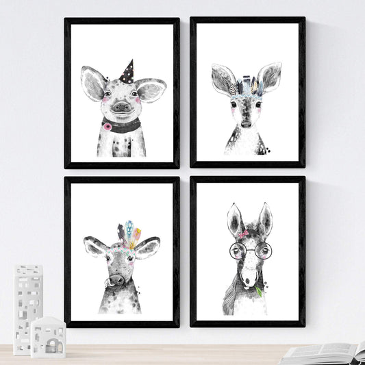 Set de 4 láminas de Animales Infantiles Con Gafas Y Flores, en .-Artwork-Nacnic-Nacnic Estudio SL