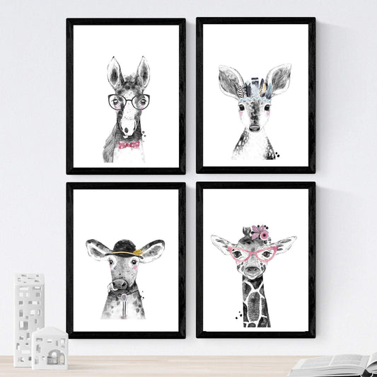 Set de 4 láminas de Animales Infantiles Con Gafas Y Plumas, en-Artwork-Nacnic-Nacnic Estudio SL