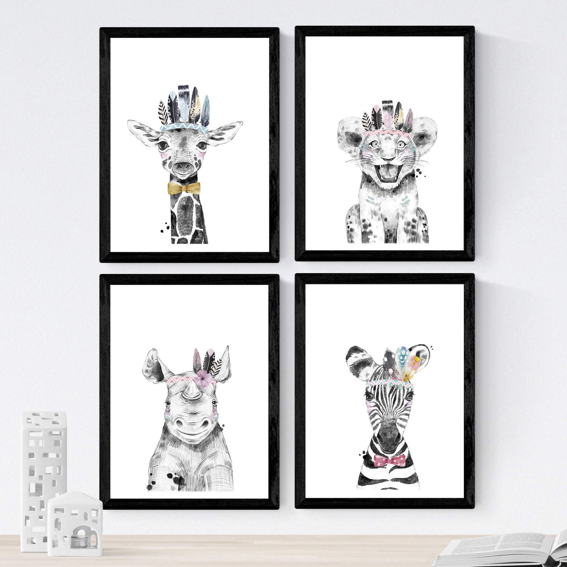 Set de 4 láminas de Animales Infantiles Con Plumas, en .-Artwork-Nacnic-Nacnic Estudio SL