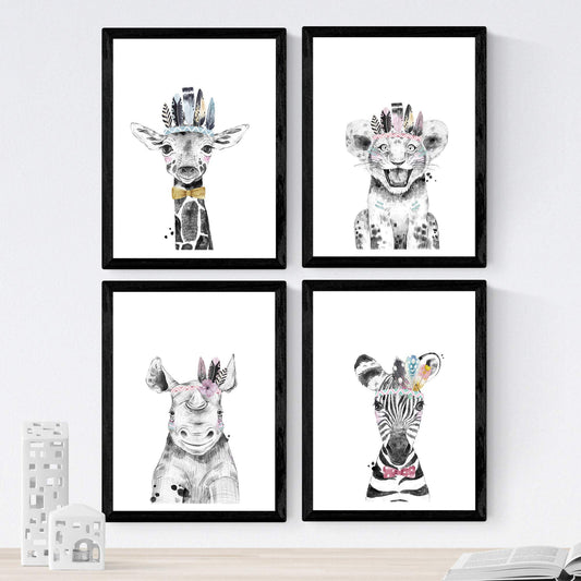 Set de 4 láminas de Animales Infantiles Con Plumas, en .-Artwork-Nacnic-Nacnic Estudio SL