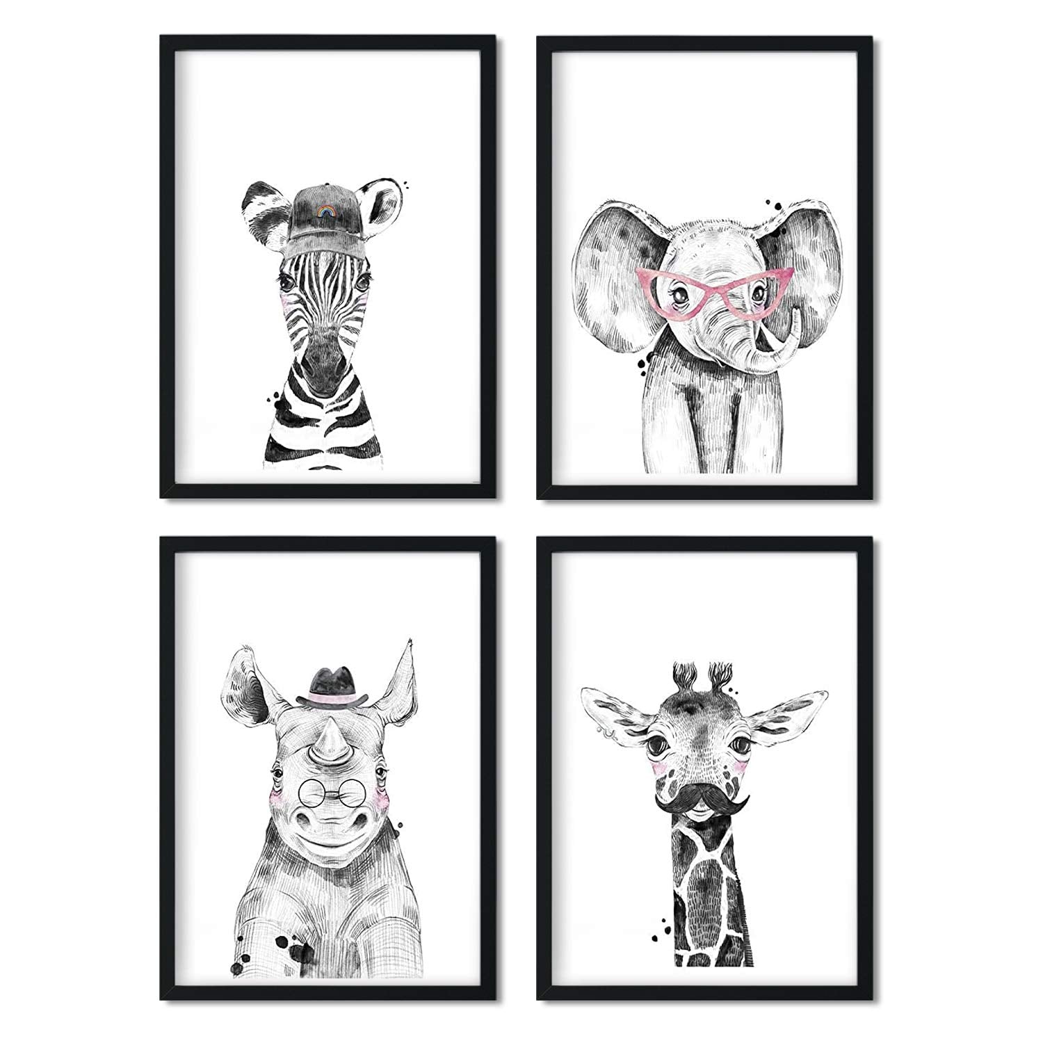Set de 4 láminas de Animales Infantiles Divertidos, en , Poster papel 250 gr.-Artwork-Nacnic-Nacnic Estudio SL