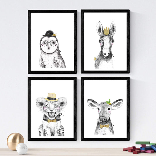 Set de 4 láminas de Animales Infantiles Dorados Y Sombreros, en .-Artwork-Nacnic-Nacnic Estudio SL