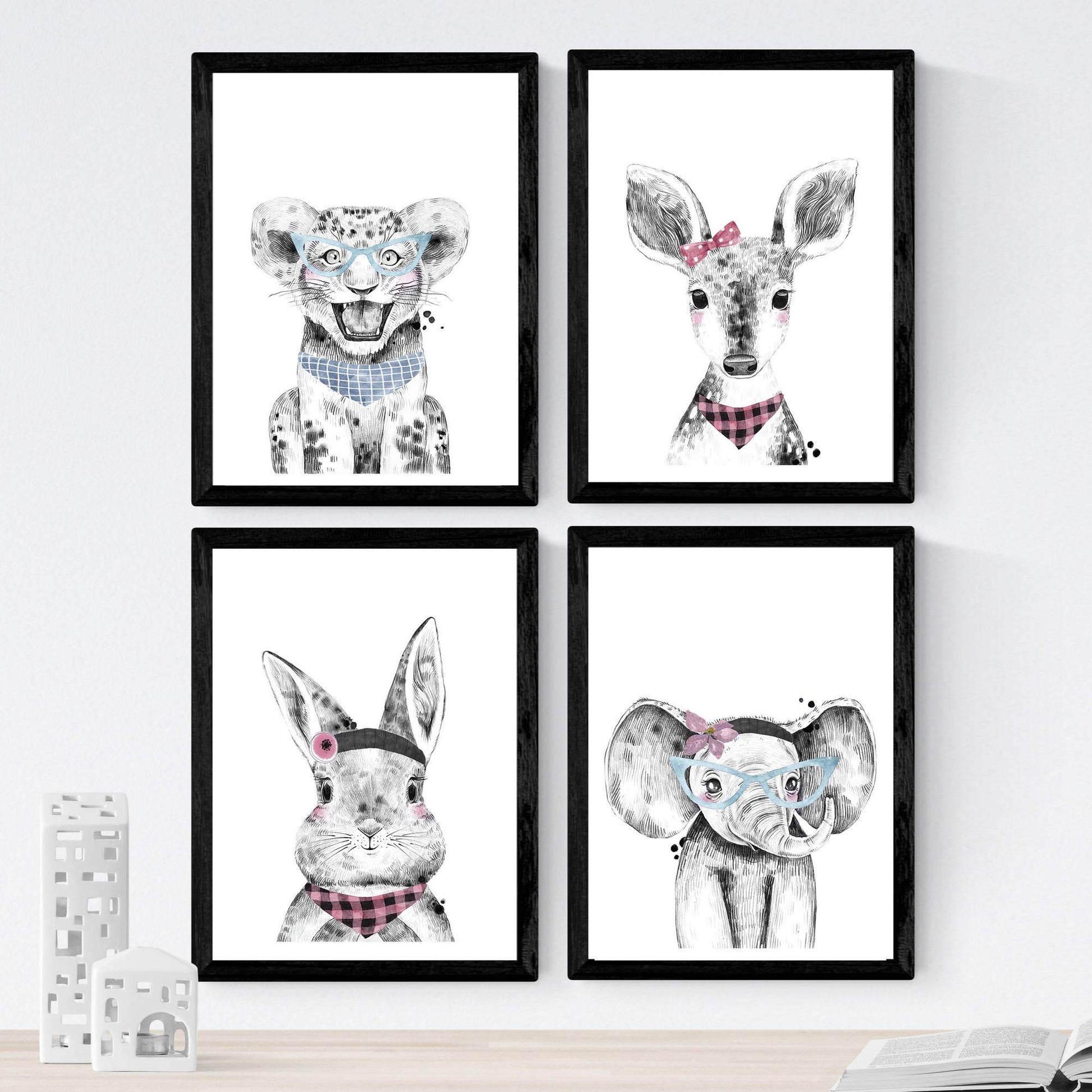 Set de 4 láminas de Animales Infantiles Gafas Y Flores, en .-Artwork-Nacnic-Nacnic Estudio SL