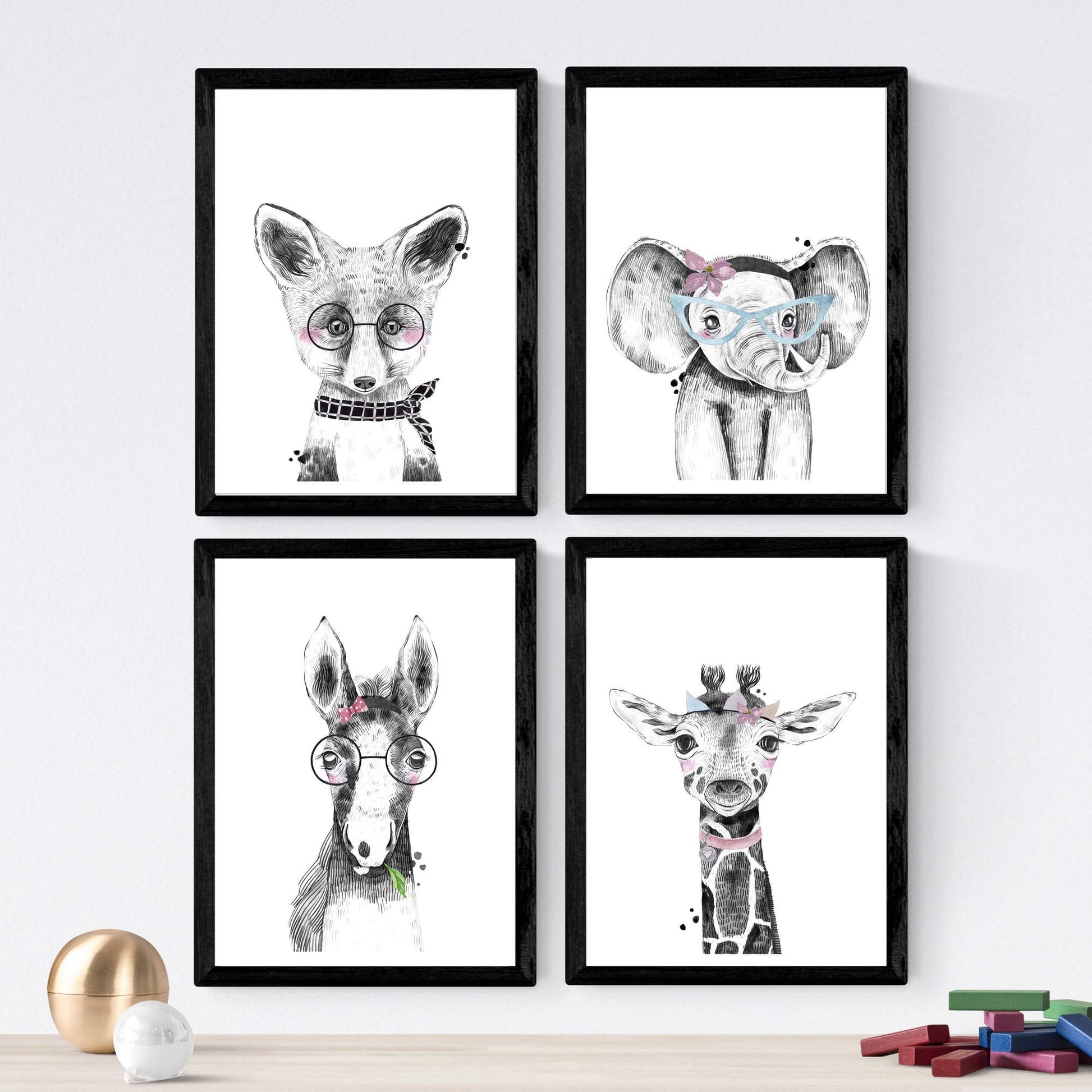 Set de 4 láminas de Animales Infantiles Rosa Y Azul, en .-Artwork-Nacnic-Nacnic Estudio SL