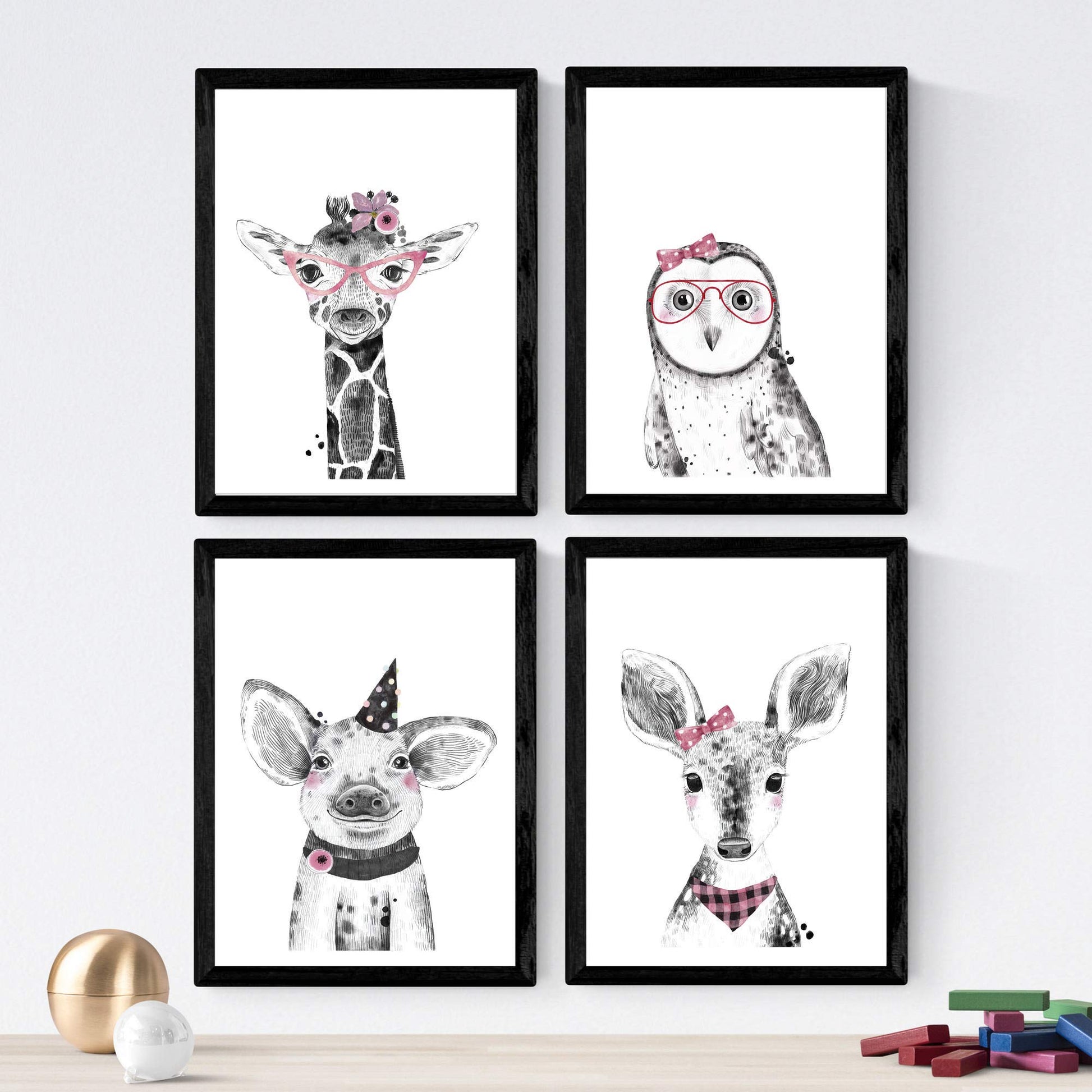 Set de 4 láminas de Animales Infantiles Tonos Rosas, en .-Artwork-Nacnic-Nacnic Estudio SL