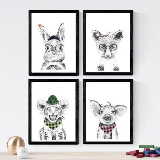 Set de 4 láminas de Animales Infantiles Verdes Y Rosas, en .-Artwork-Nacnic-Nacnic Estudio SL