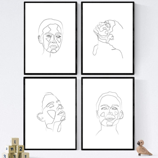 Set de 4 laminas de dibujos y bocetos a una linea. Rostros mujer 3. Poster nordico de rostros, desnudos, cuerpos al natural.-Artwork-Nacnic-Nacnic Estudio SL