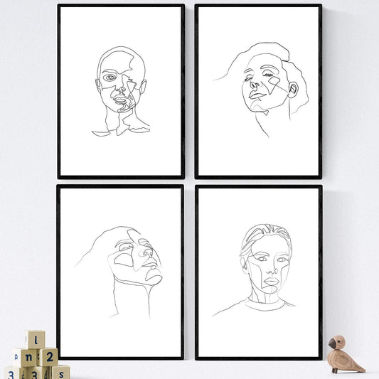 Set de 4 laminas de dibujos y bocetos a una linea. Rostros mujer 4. Poster nordico de rostros, desnudos, cuerpos al natural.-Artwork-Nacnic-Nacnic Estudio SL