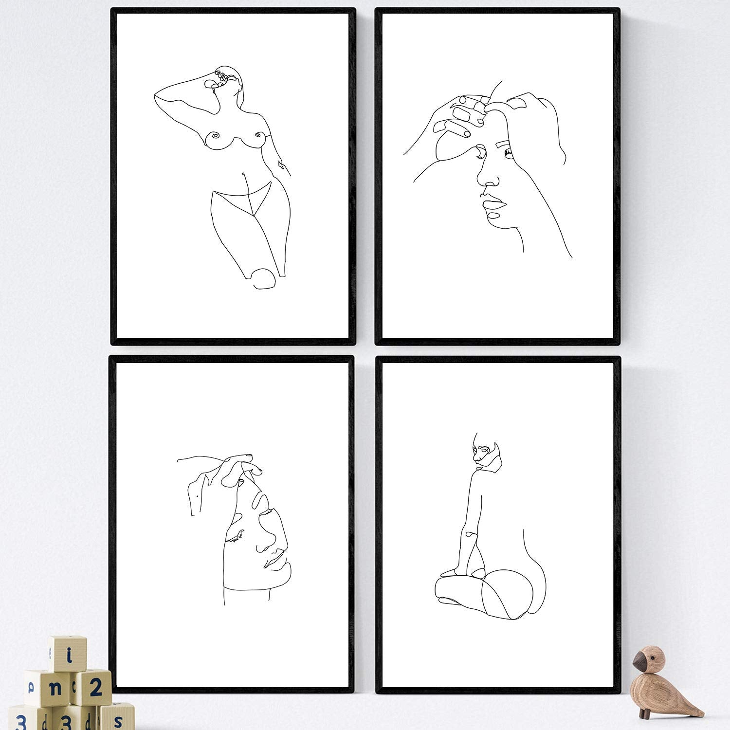 Set de 4 laminas de dibujos y bocetos a una linea. Rostros y desnudos mujer. Poster nordico de rostros, desnudos, cuerpos al natural.-Artwork-Nacnic-Nacnic Estudio SL
