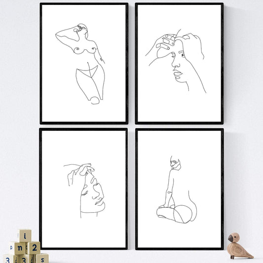 Set de 4 laminas de dibujos y bocetos a una linea. Rostros y desnudos mujer. Poster nordico de rostros, desnudos, cuerpos al natural.-Artwork-Nacnic-Nacnic Estudio SL
